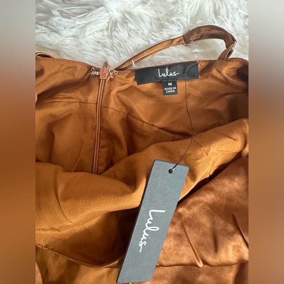 Lulu’s Bronze Satin Surplice Faux-Wrap Dress Size M. NWT. - Picture 6 of 8